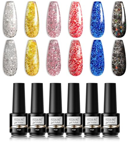 ROSALIND Vernis Semi Permanent Paillettes Rose Rouge Bleu Noir Doré Argent Vernis à Ongles pour UV LED, 6 Couleurs Soak Off Gel Nail Polish, Lot Vernis Semi-Permanent Nail Art Set 6Pcs