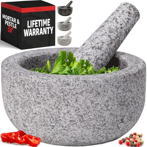Heavy Duty Small Mortar and Pestle Set, Hand Carved from Natural Granite, Make Fresh Guacamole, Salsa, Pesto, Stone Grinder Bowl, Herb Crusher, Spice Grinder, 5.5 Wide, 1.5 Cup, Grey