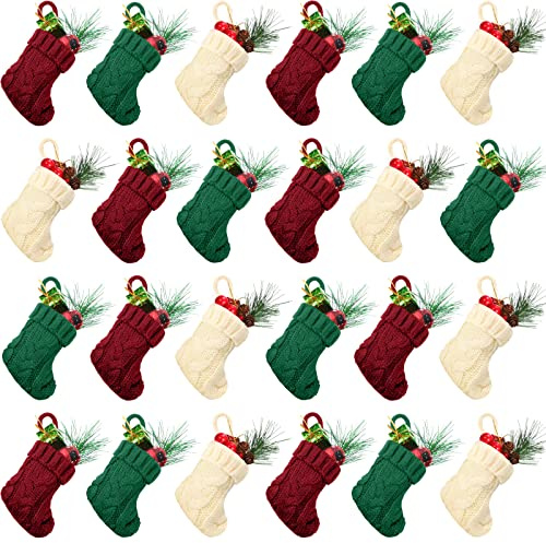 Jerify 24 Stück Weihnachtsstrümpfe, gestrickt, 10 cm, Mini-Strick, Weihnachtsstrumpf, rustikale kleine Weihnachtsbaumschmuck für Party, Urlaub, Familie, weiß, grün