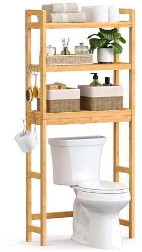 SONGMICS Toilettenregal, 3-stöckiges Badregal aus Bambus, platzsparend | Waschmaschinenregal, verstellbare Ablage, für die meisten Toiletten, Leichter Bambus, BAMBOU Kollektion BTS001N01