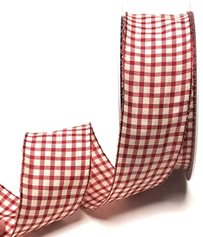 s.dekoda Schleifenband 20m x 40mm Weinrot - Beige Karoband kariert Vichykaro Dekoband mit Draht [3850]