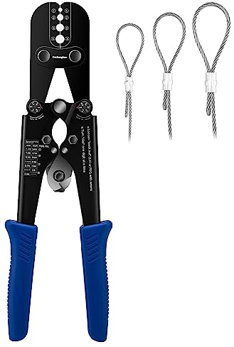 Dechengbao - Attrezzo per crimpatura funi metalliche, per manicotti a clessidra duplex in alluminio e rame, pulsanti di arresto e ghiere con tagliacavi integrato, funziona da 3/64 a 1/8