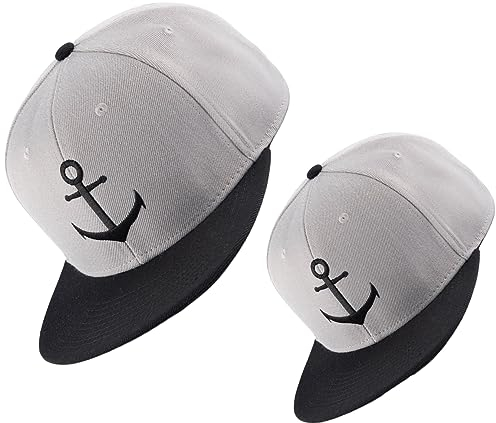 Bexxwell Snapback Caps 2er-Set Partnerlook für Klein und Groß grau/schwarz mit Anker (optimale Passform, Kinder, Baseball Caps, Kappe,Grey, Gray, Black, Anchor, Unisex)