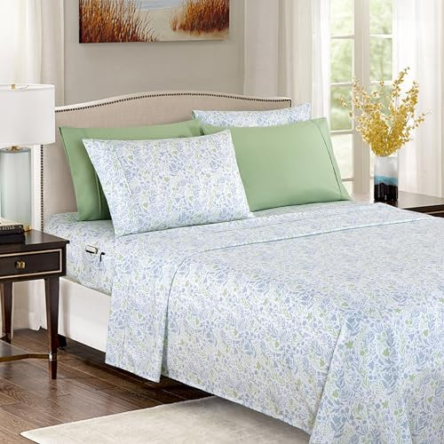 Elegant Comfort Softest and Coziest 4-Piece Sheet Set - 1500 Premium Hotel Quality Microfiber - Deep Pocket, Wrinkle Resistant 4-Piece Floral Bed Sheet Set, Twin XL, Anita Green