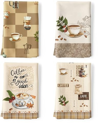 Arquiel Torchons De Cuisine Coton Vaisselle Lot de 4, Serviettes de Cuisine Torchon Vaisselle 100% Coton avec Accroche Très Absorbant Serviettes de Bar 48 x 70CM Café
