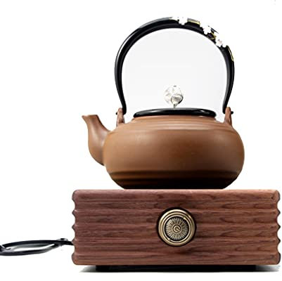 Tea Stove 1500W Hot Plate Electric Countertop With Walnut Wood Base - Portable Cooktop Burner For Cooking Camping