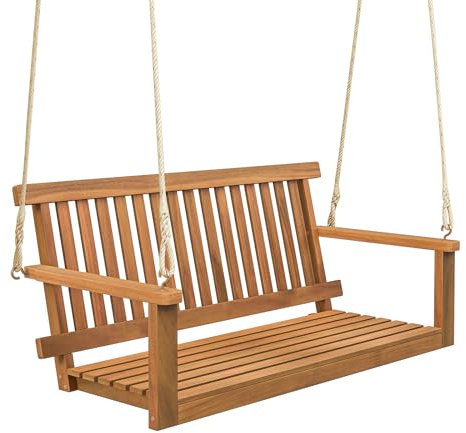 GIANTEX Banco Columpio de 2 Plazas, Balancín Colgante de Madera de Acacia, 130 x 63 x 57 cm, Columpio de Madera de Listones, Carga hasta 360 kg, para Porche, Jardín, Terraza