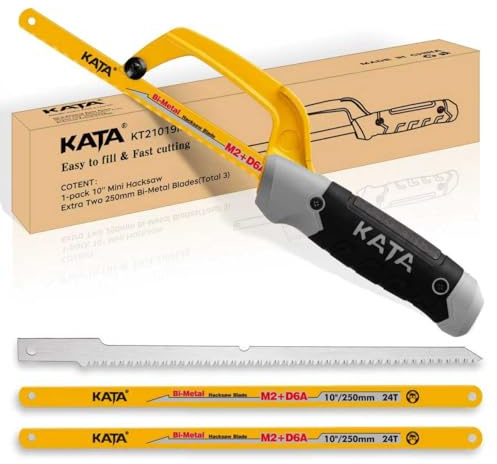 KATA Mini Hacksaw for Metal Cutting, Compact Hand Hack Saw Tool with 10 Inch Aluminum Frame, 2PC Extra Flexible M2+D6A HSS Blades and 1PC Woodworking Saw Blade, Cuts Thin-Wall Metal in Tight Spaces