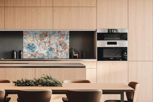 Küchenrückwand Verbundplatte ANTIKE Wand MIT BLUMENFRESKEN 60 x 40 cm | Spritzschutz Küche für Herd Spüle | Premium Qualität, Alu Dibond, Stärke 3 mm - Made in EU | Inklusive Kleber