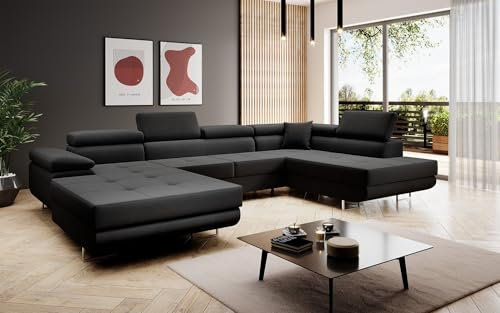 Luxusbetten24 Designer Sofa Lago mit Stauraum und Schlaffunktion | Bezug: Samt | Farbe: Schwarz | Stellvariante: Rechts