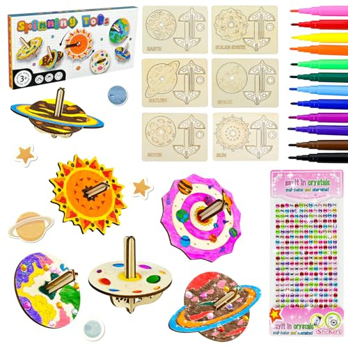 Ulikey 12 Stück Holzkreisel Bausatz Kinder, Holz Bastelset Kinder Planeten Kreisel mit Buntstifte und Diamanten, Holz-Gyroskope Mitgebsel Kindergeburtstag Gastgeschenke für 5 6 7 8 9 10 Jahre