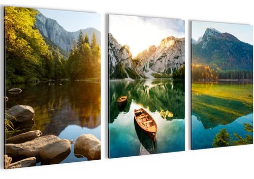 Novart Bilder Set See Berge Landschaft - Kein Extra Rahmen benötigt - Wandbilder für Wohnzimmer Schlafzimmer Flur - 3 Teilig Deko Grün - N030936b