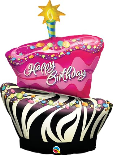 Folienballon Happy Birthday – 104 cm – Geburtstagsballon in Rosa mit Kuchen- und Zebra-Design – langlebige Partydeko für Kinder & Erwachsene – wiederverwendbar – Made in USA