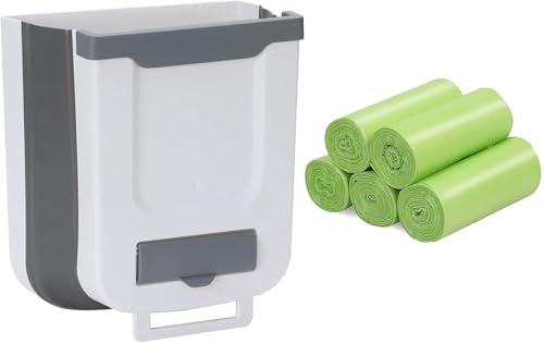 ANKEPEEC Folding Kitchen Bin with 100pcs Bio Bin Liner, Hanging Cupboard Trash Can Wall Mounted Rubbish Bin, Cabinet Door Garbage Can for Bathroom/Car/Office