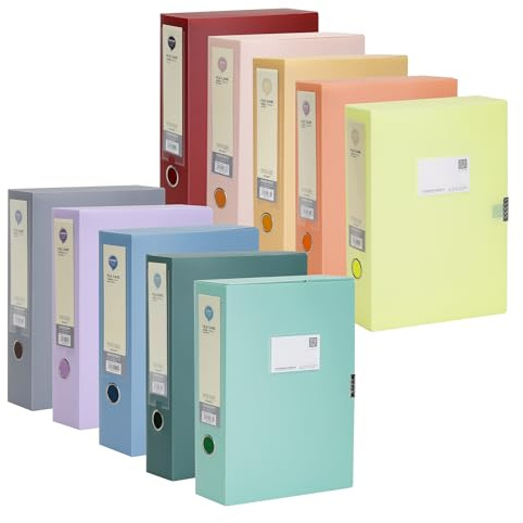 YKUKIZEE 10 Pack Colour A4 Box Files Assorted, 75mm Spine A4 File Box Deep Folders, 10 Colours Plastic Filing Boxes for Paperwork Document Office Home School Work Organisation