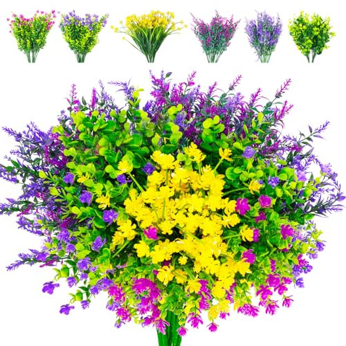XYBGHFU Artificial Flowers for Outdoors 24 Bundles Fake Plastic Plants Faux UV Resistant Boxwood Shrubs for Garden Patio Porch Window Box Home