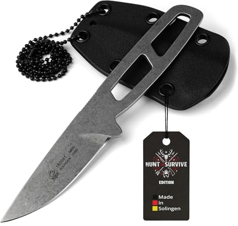 PUMA – „Hunt to Survive“ Edition - Steel Star Frischling – Back-Up Ganzstahlmesser - Neck Knife mit Kugelkette & Kydexscheide – Böhler N695 Stahl (59-60 HRC) – 65 mm Klinge, 3 mm stark – aus Solingen
