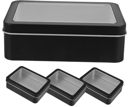 Cabilock 4pcs Metal Storage Containers Window Lid Rectangular Tinplate Boxes for Cookies Candies Decorative Jewelry Portable Small Containers