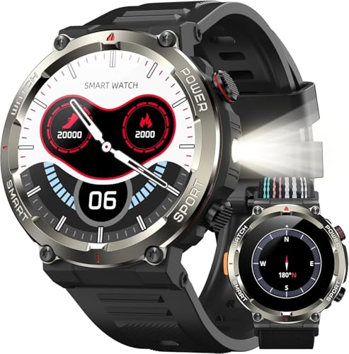 IOWODO Smartwatch Herren | 100 Tage Akku & Beleuchtung | | Bluetooth-Telefonie | IP68 Wasserdicht & Kompass | 1,45 Touchscreen | 100+ Sportmodi | Herzfrequenz & Schlafanalyse | Für Android/iOS