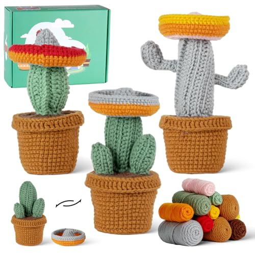 JasCherry Häkelset, Komplettes Häkelset für Anfänger und Erwachsene, DIY Häkelgeschenk mit Schritt für Schritt Anleitung, Weiches Garn, Strickarbeiten – Kaktus