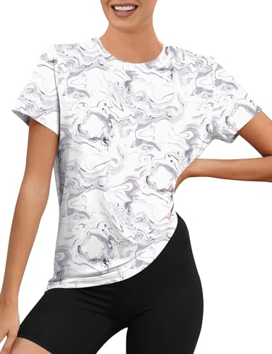 Rapbin Sportskjorta för kvinnor, kortärmad, UPF 50 basic, lätt, andas, torra, funktion, sporttoppar, damer, rund hals, sportskjorta, damer, ledig för fitness, löpskjorta, yoga, Svartvitt tryck, L
