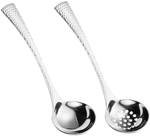 Ipetboom 2pcs 304 Stainless Steel Soup Ladle Slotted Spoon Set, Hammered Vintage Design, Hotpot Cooking Utensils for Home Kitchen, Soup Serving and Straining