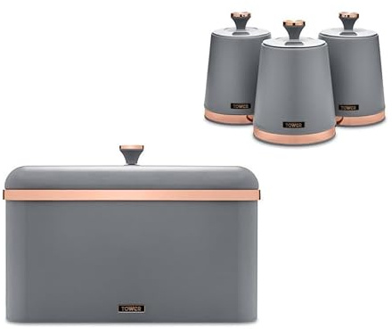 Tower Cavaletto Grey Bread Bin and Tea, Coffee & Sugar Canisters. Contemporary Kitchen Storage Set in Grey with Rose Gold Accents