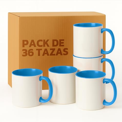 LA MENTE ES MARAVILLOSA - Tazas de Cerámica para Sublimación【Pack de 36】 11 oz/330 ml - Regalo Original | 8x10 cm | Ideales para Café, Té e Infusiones, Aptas para Microondas (Blanco/Azul Claro)