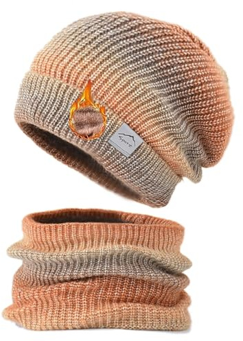 TUANMOZI Strickmütze mit Scarf Damen Wintermütze mit Farbverlauf Strickschal Set Warm Wintermütze und Schal mit Dicke Fleecefutter Herbst Winter Beanie Schal Set für Ski Outdoor (Orange, Eine Größe)