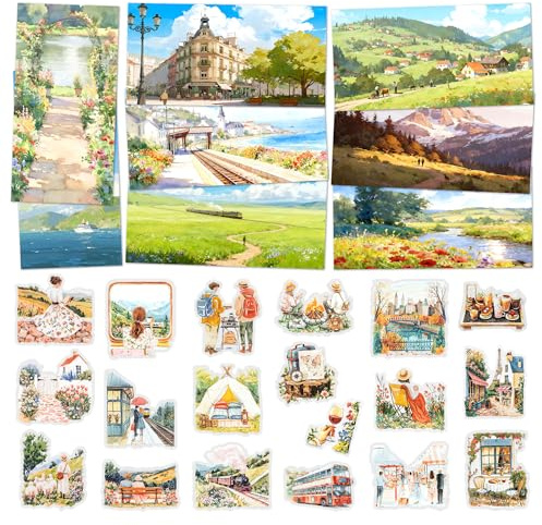 Mayplous Vintage Collage Kit – 4 Sets PET Landschaftsaufkleber & 16 Retro Naturpapiere, Reisethema Camping Stadt Land Deko für Scrapbooking, Junk Journal, Tagebuch & DIY Bastelprojekte (Sunny)