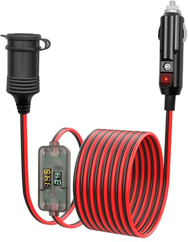 Giantdeer 2M Car Accessory Charger Cigarette Lighter Extension Cord Cable with LED Voltmeter and Ammeter, 12V/24V 10A Heavy Duty Male Plug to Female Socket Adaptor Charger Extension Lead