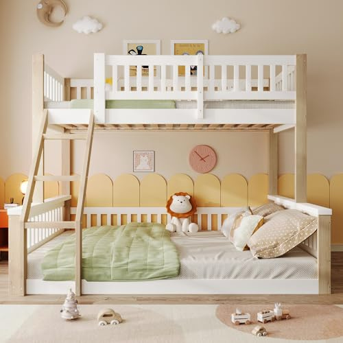 NovaFurnish Letto a castello, 90 x 200 cm+140 x 200 cm, scala, rete per letto, stile semplice, senza materasso (bianco e naturale)