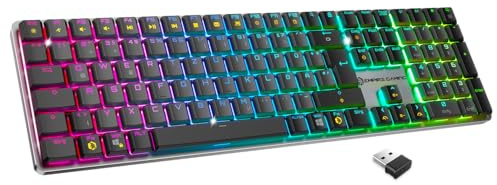 EMPIRE GAMING RF243 – Schlanke Low Profile Aluminium Kabellose Mechanische Gaming-Tastatur Wiederaufladbar DE (QWERTZ), 2,4GHz/BT/USB-C, 111 Tasten MX Red, RGB, NKRO, kompatibel mit PC/Mac/P5/P4/XB