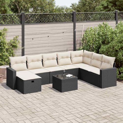QJBSAVVA 9-TLG. Gartenmöbel Set Schwarz Poly Rattan 55 x 53 x 34 cm Sitzgruppe Outdoor Balkon Sofa mit Hocker & Tisch Lounge Garnitur modular für Garten Terrasse und kleinen Balkon