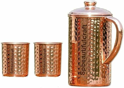 HRS India Pichet à eau en cuivre pur martelé 2 litres, 2 gobelets en verre 300 ml Bienfaits pour la santé
