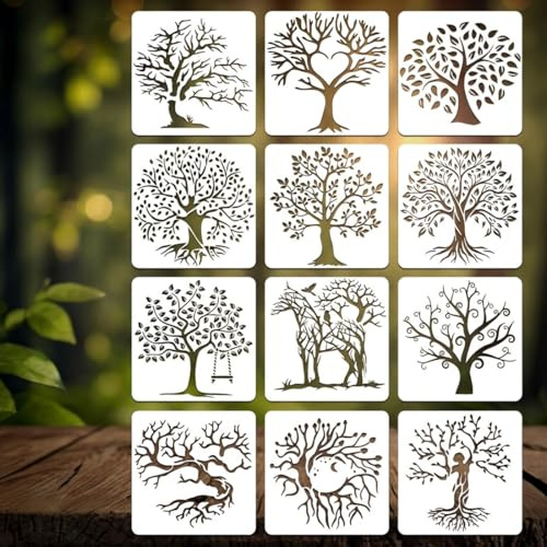 KAHZOR 12 Stück Baum Des Lebens Schablonen Textilgestaltung – Wiederverwendbare Airbrush Schablonen Zum Malen, Schablonens Wandgestaltung Basteln, Stanzschablonen Diy Kunst & Wanddekoration