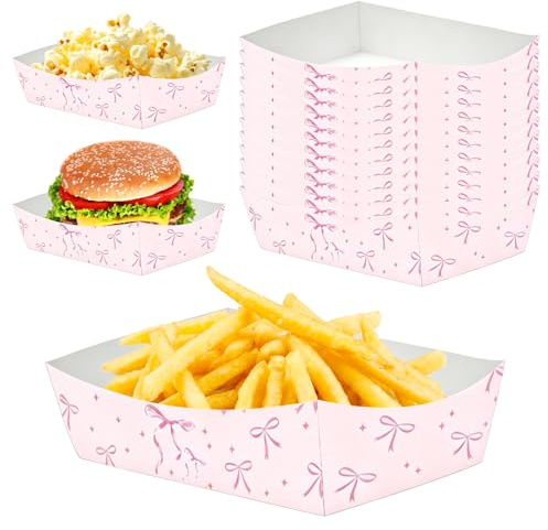 24 Pcs Pink Bow Party Food Trays, Grease Resistant Paper Snack Trays | Disposable Serving Trays, Pink Patterned Design, Birthday Wedding Cinema Night Party Supplies for Snacks