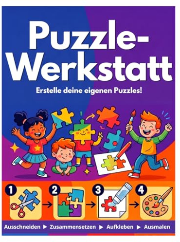 Puzzle-Werkstatt, Mitmachbuch: 4 in 1 Malbuch, Bastelbuch, Ausschneidebuch & Rätselbuch für Kinder ab 4 Jahren: Scherenführerschein, Ausmalen und Puzzles einkleben zur Förderung der Feinmotorik