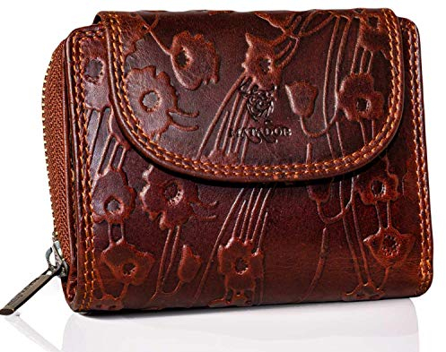 MATADOR Portemonnaie Damen #SARAGOSSA mit edler Geschenk Box, Geldbeutel Portmonee RFID Geldbörse, Portmonee Frauen Leder Mittelgroß Viele Fächer, Geldtasche Brieftasche Damen, Blumen Braun