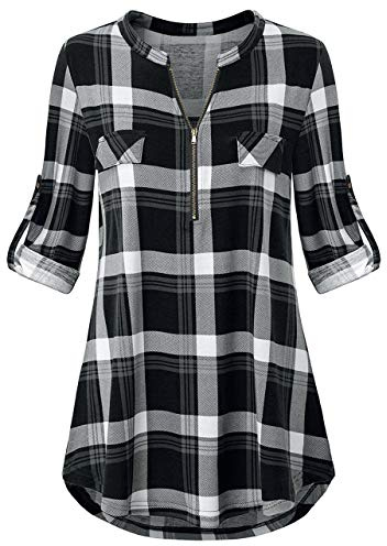 Odosalii Chemisier Femme Carreaux Demi Manches Blouse T-Shirt Casual Top Éclair Col V Chemise | T-shirt à fermeture éclair