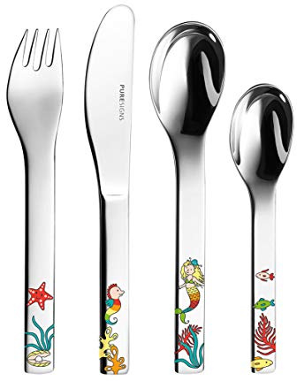 Puresigns Kinderbesteck 4-teilig TOJA Meerjungfrau Motiv -Edelstahl, kindgerecht & spülmaschinenfest Fantasievolles Besteck für kleine Entdecker