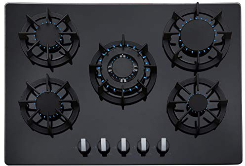 SIA UBR8 70cm Premium 5 Burner Black Glass Gas Hob With Cast Iron Pan Stands, Wok Burner, Flame Failure Safety Device & LPG Kit