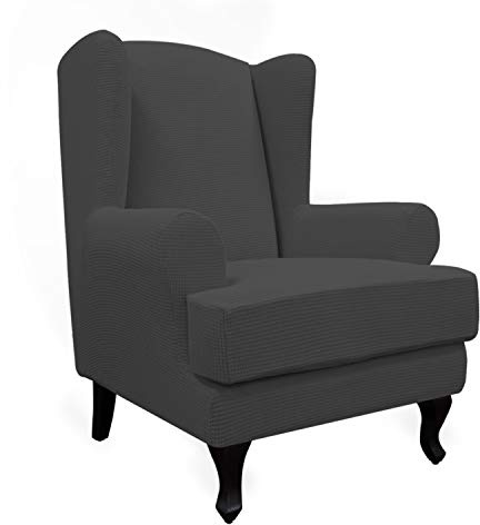 Easy-Going Stretch Wingback Chair Sofa Slipcover 2-Piece Sofa Cover Furniture Protector Couch Soft with Elastic Bottom, Spandex Jacquard Fabric Small Checks, Dark Gray