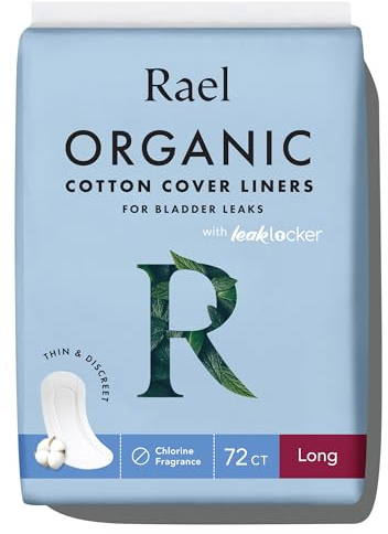 Rael Incontinence Liners for Women, Organic Cotton Cover, Postpartum Essential, Moderate Absorbency, Bladder Control, 4-Layer Core with Leak Guard Technology (Long, 72 Count)