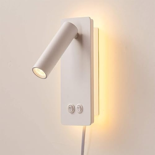 MOLUOLA LIGHTING LED Wall Lamp Bedside Reading Light Plug-in 3W Headboard Wall Sconce Adjustable Wall Light with On-Off Switch Background Light 3000K(White)