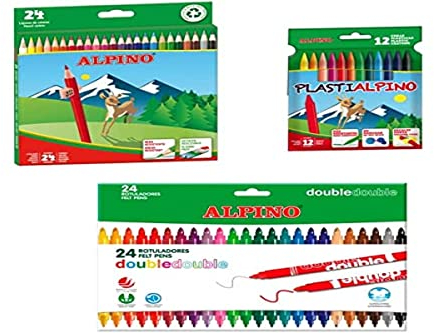 Alpino Set di Materiale Scolastico | 24 Matite Colorate + 24 Pennarelli Standard + Custodia con 12 Pastellii | Pacchetto di Materiale Scolastico