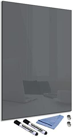 Glas-Magnettafel Grau 60x90 cm Whiteboard Wand Beschreibbar Magnetisch Pinnwand Küche Office Büro mit Zubehör Wochenplaner Abwischbar Deko Memoboard Tafel