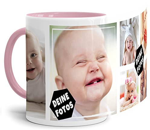Foto-Tasse zum selbst gestalten mit Foto-Collage für 6 Wunschfotos - Geschenk für Familie, Freunde, Geburtstag, Weihnachten - Keramik Innen & Henkel Rosa, 300 ml I Personalisiert