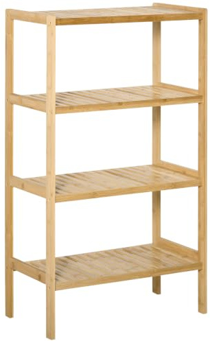 HOMCOM Estantería de Bambú de 4 Niveles Antivuelco 62x33x112 cm Natural | Estantería de Pie Moderno, Estante de Almacenamiento, para Baño, Cocina, Salón, Dormitorio
