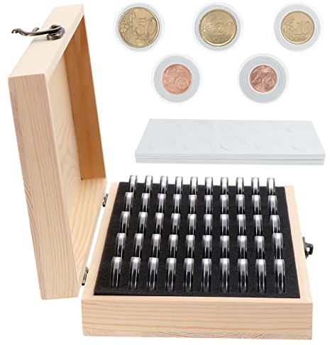 Fippy Münzsammelbox, Holz-Münzsammelbox, Münzbehälter für Sammler, passend für Münzen 18 mm, 21 mm, 25 mm, 27 mm, 30 mm, 50 Stück